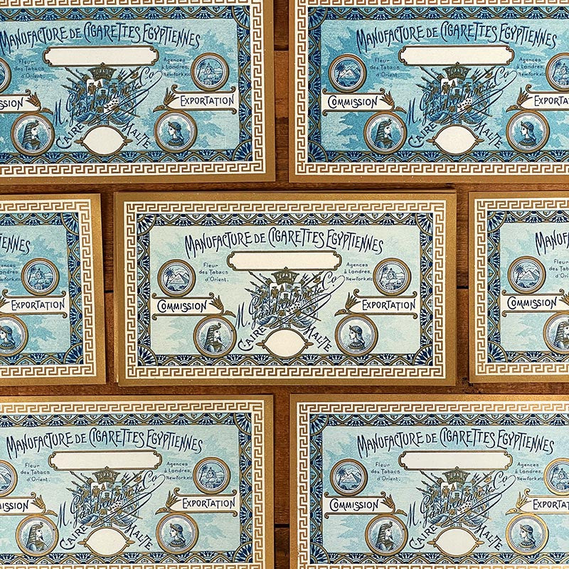 étiquette manufacture de cigarettes egyptiennes 1900 caire malte ancienne vintage doré bleu