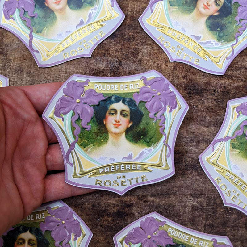 étiquette parfum ancien vintage poudrez riz rosette préférée parfumerie collection 1930