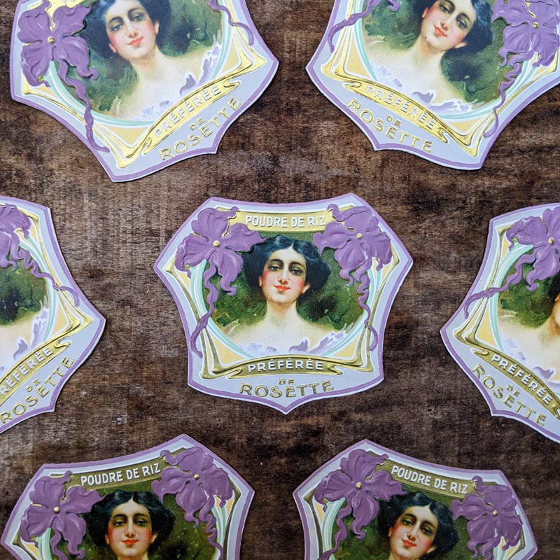 étiquette parfum ancien vintage poudrez riz rosette préférée parfumerie collection 1930