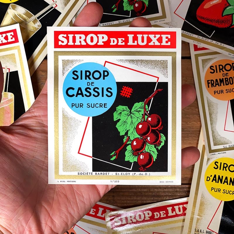 étiquette sirop ancien vintage fruits cassis boisson restaurant bar imprimerie collection bouteille 1960