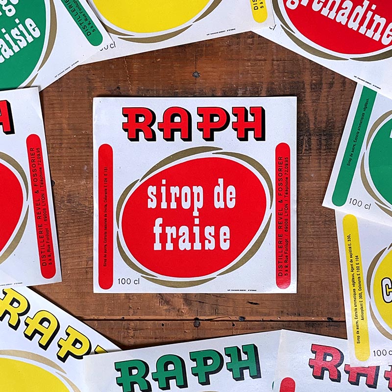 étiquette de sirop raph ancienne vintage 1980 revel fossorier lyon fraise citronnade cassis orgeat cassis