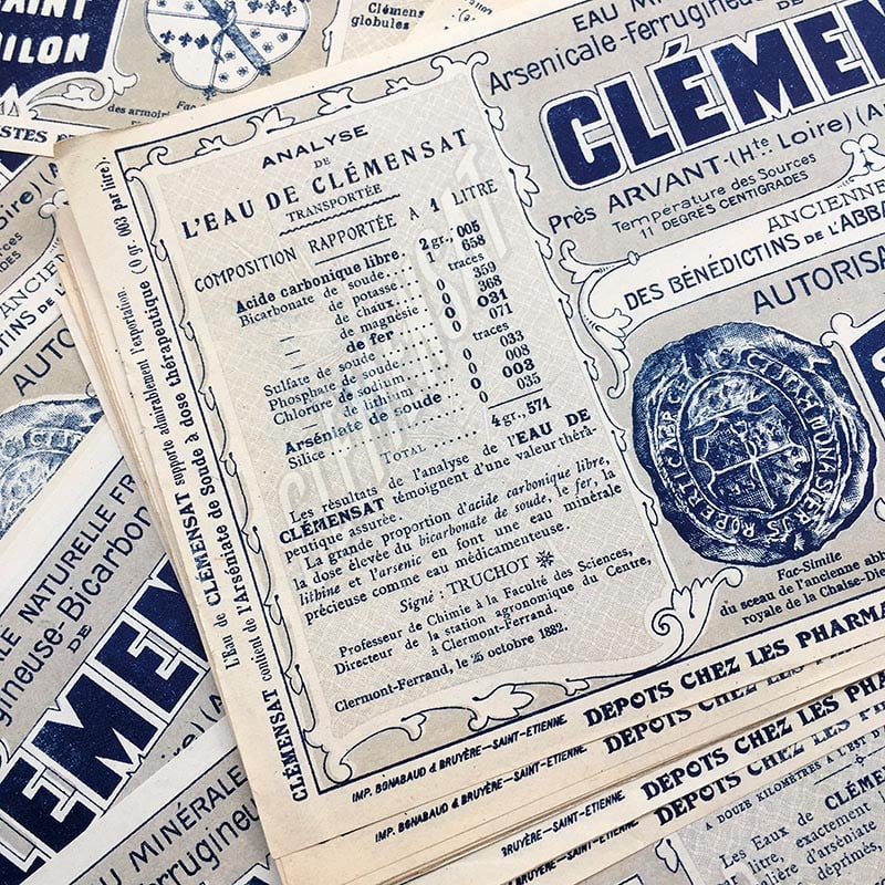 étiquette ancienne papier eau source minérale  clémensat saint odillon ancien vintage 1930
