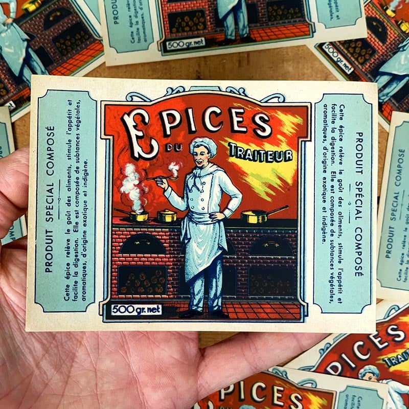 étiquette ancienne papier épices du traiteur assaisonnement cuisine ancien vintage restaurant chef 1930