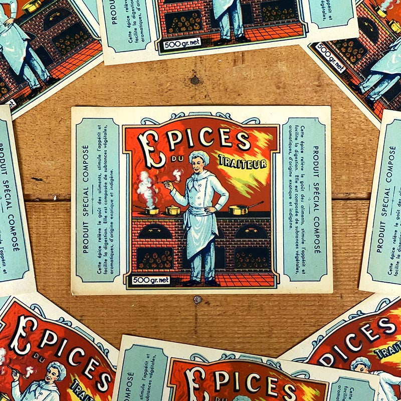 étiquette ancienne papier épices du traiteur assaisonnement cuisine ancien vintage restaurant chef 1930