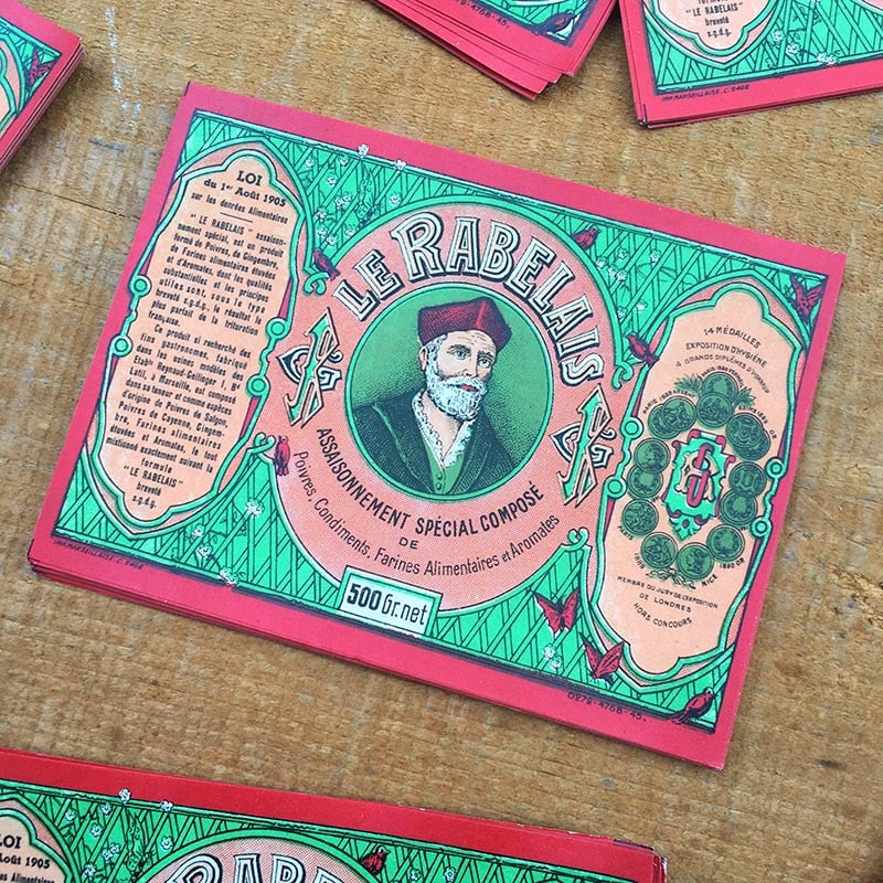 étiquette ancienne papier épices assaisonnement le rabelais verte vert cuisine ancien vintage 1930