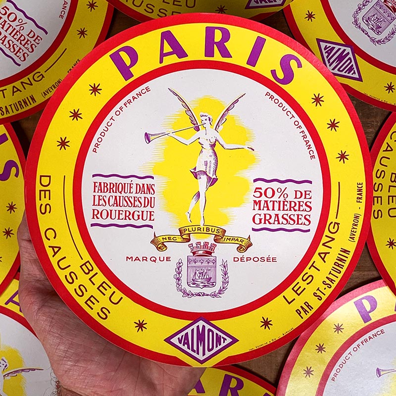 étiquette fromage ancien vintage fromagerie 1950 1960 bleu des causses ronde surchoix lestang aveyron paris statue jaune valmont