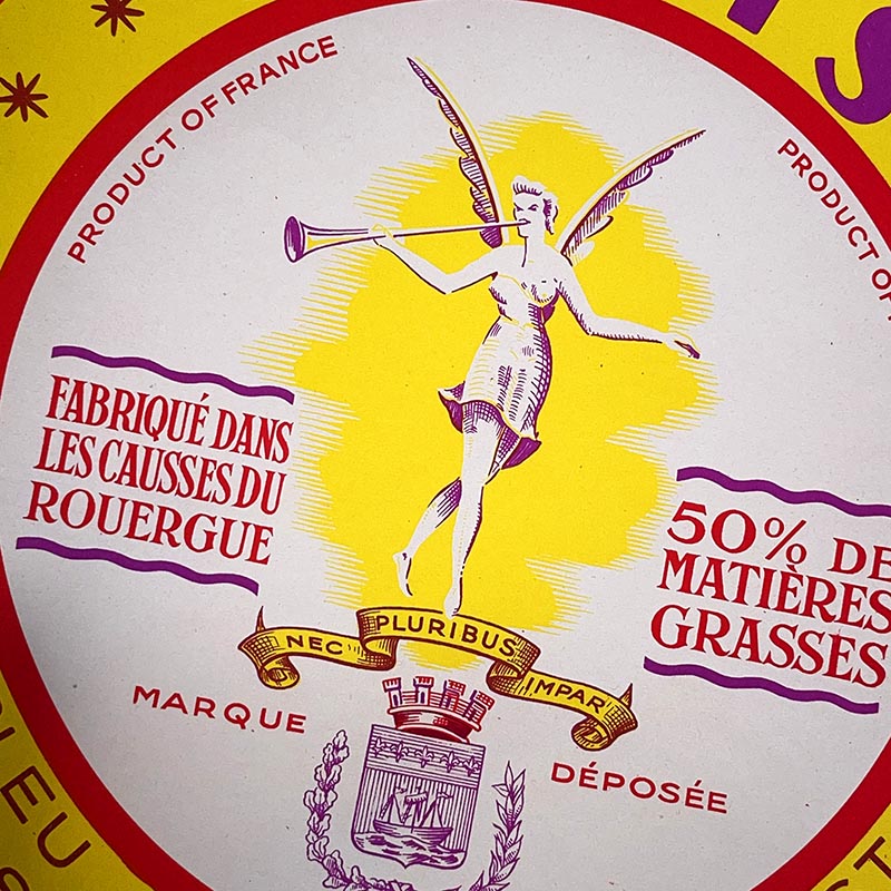 étiquette fromage ancien vintage fromagerie 1950 1960 bleu des causses ronde surchoix lestang aveyron paris statue jaune valmont