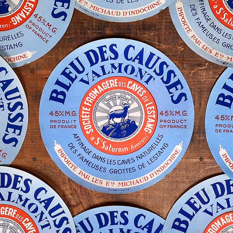 étiquette fromage ancien vintage fromagerie 1950 1940 bleu des causses ronde valmont indochine