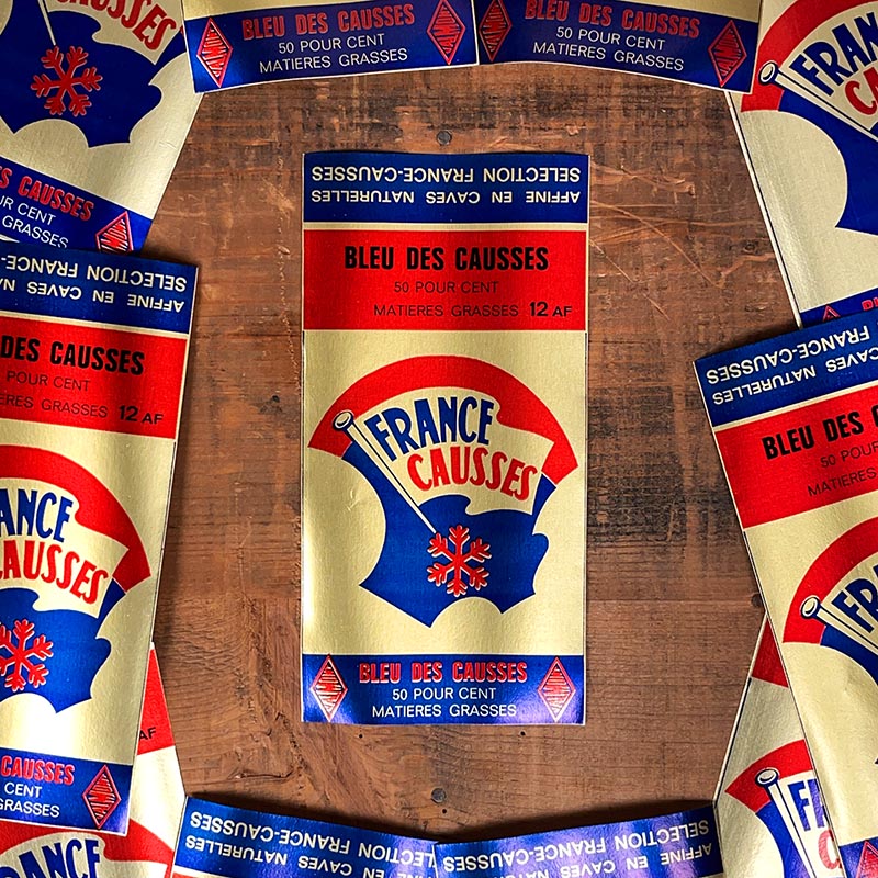 étiquette fromage ancien vintage fromagerie 1950 1960 bleu des causses métallisé métallique france causses