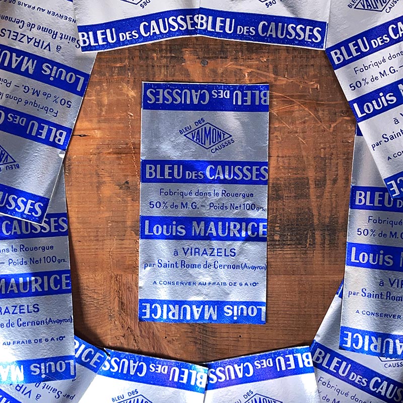 étiquette fromage ancien vintage fromagerie 1950 1960 bleu des causses métallisé métallique louis maurice rouergue