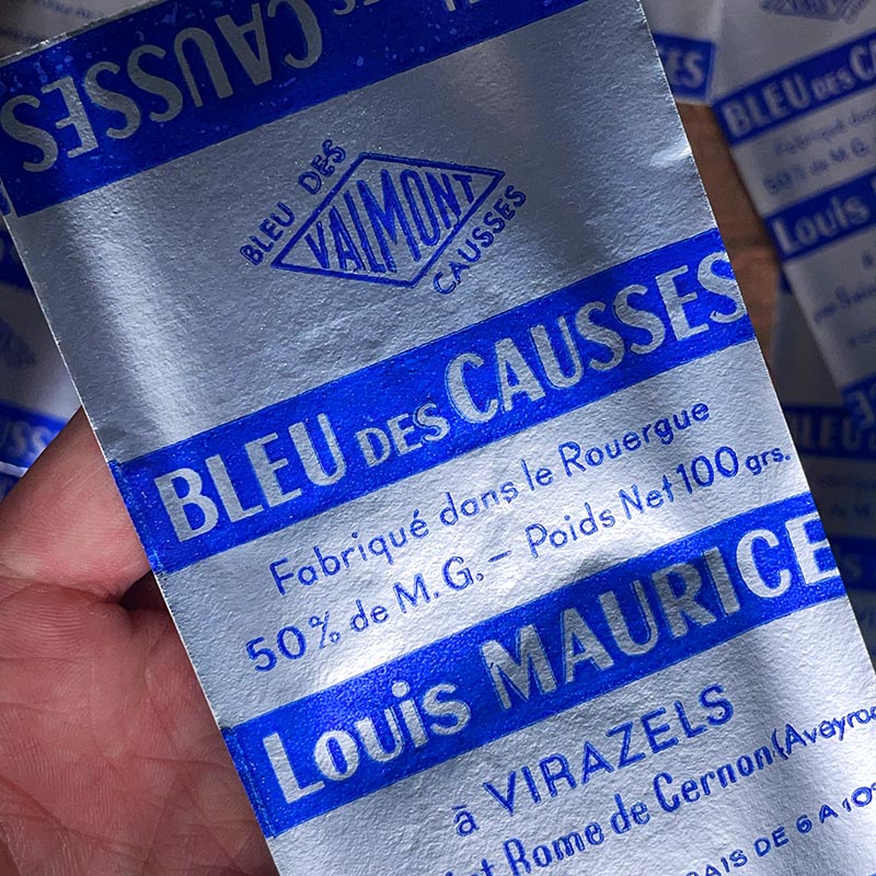 étiquette fromage ancien vintage fromagerie 1950 1960 bleu des causses métallisé métallique louis maurice rouergue