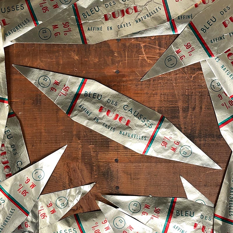 étiquette fromage ancien vintage fromagerie 1950 1960 bleu des causses pujol métallisé métallique doré losange