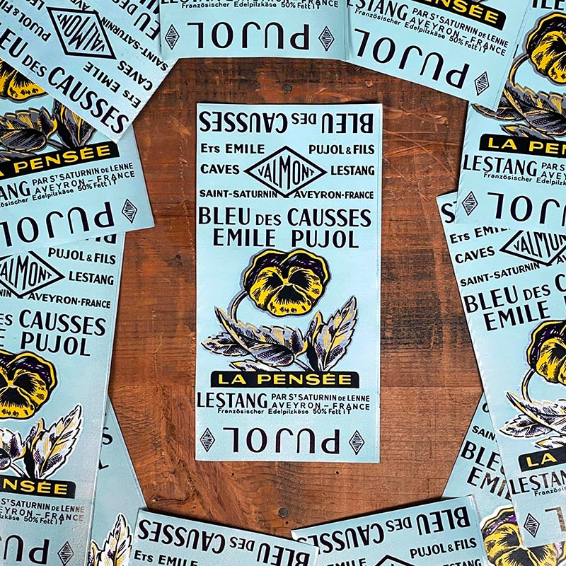 étiquette fromage ancien vintage fromagerie 1963 1960 bleu des causses métallisé métallique la pensée emile pujol aveyron lestang