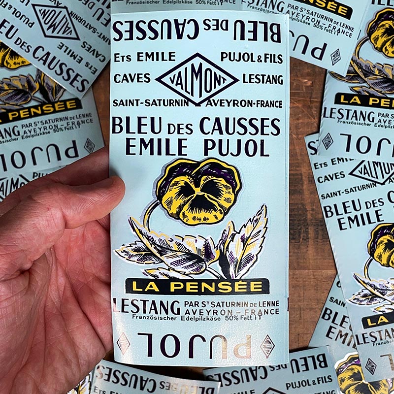 étiquette fromage ancien vintage fromagerie 1963 1960 bleu des causses métallisé métallique la pensée emile pujol aveyron lestang