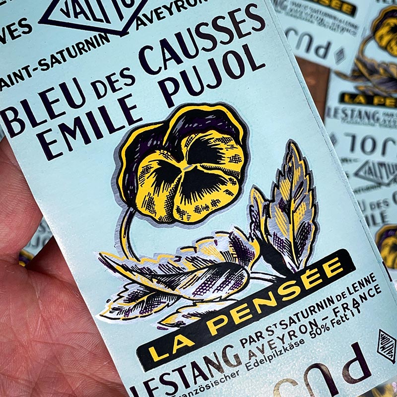 étiquette fromage ancien vintage fromagerie 1963 1960 bleu des causses métallisé métallique la pensée emile pujol aveyron lestang