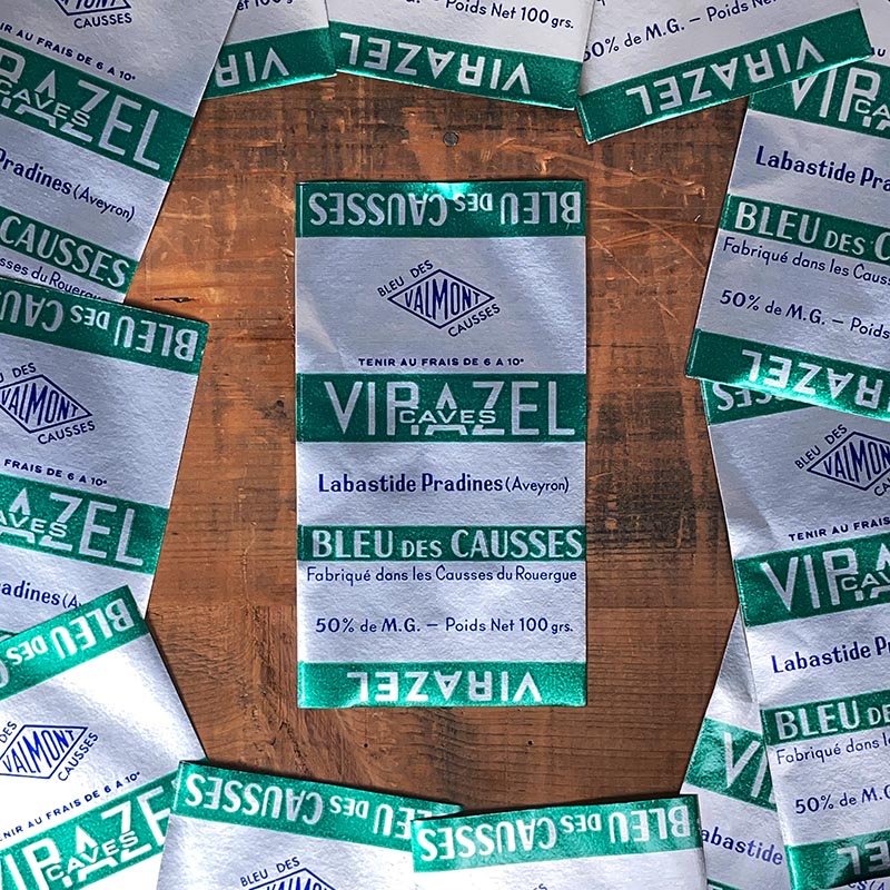 étiquette fromage ancien vintage fromagerie 1963 1960 bleu des causses métallisé métallique caves virazel rouergue aveyron valmont