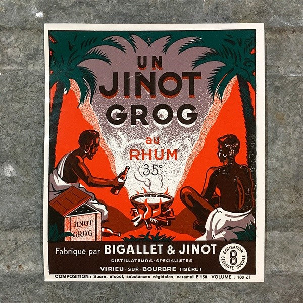 étiquette papier ancienne jinot grog 1980 vintage rhum bigallet