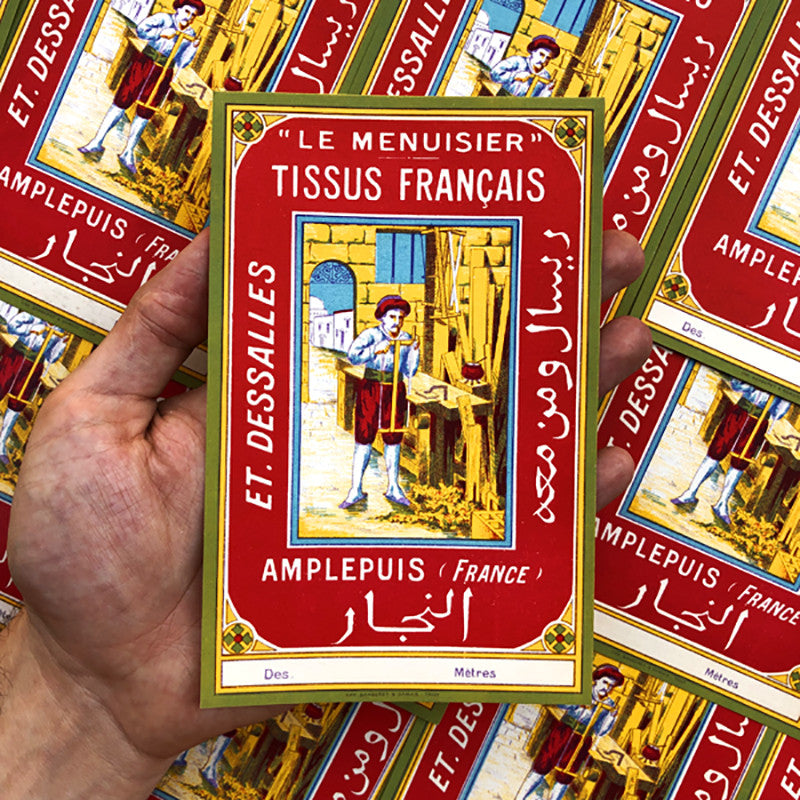 le menuisier étiquette tissus français entreprise dessalles ancien vintage papier couleur illustration 1930 tissage atelier