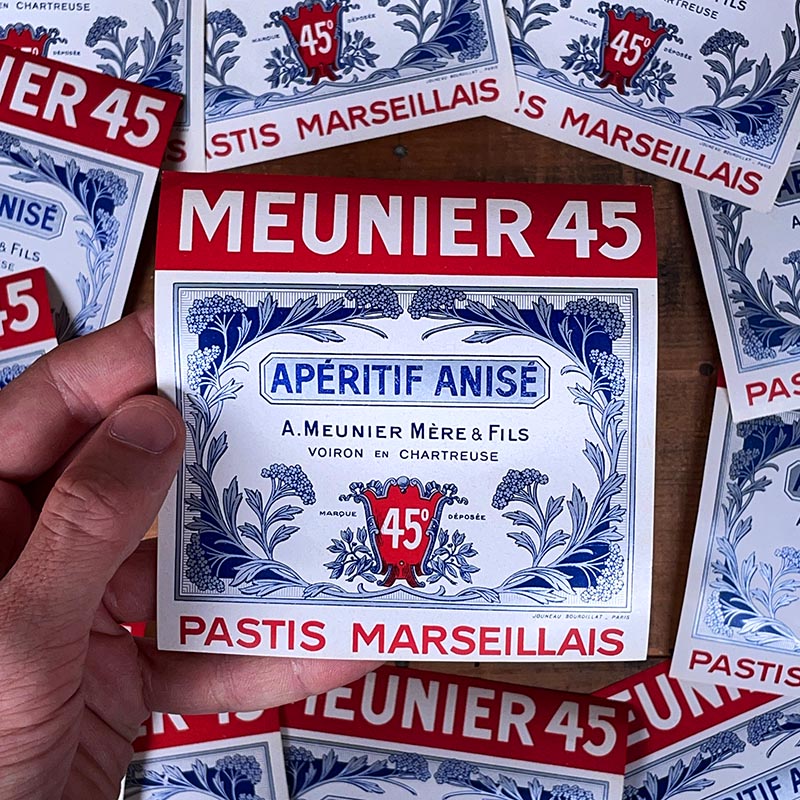 Étiquette ancienne vintage Pastis Marseillais Meunier 45 1950 voiron en chartreuse distillerie