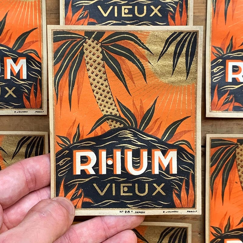 étiquette alcool rhum vieux palmier doré or orange 1910 1920 1900 ancien vintage alcool distillerie imprimerie collection