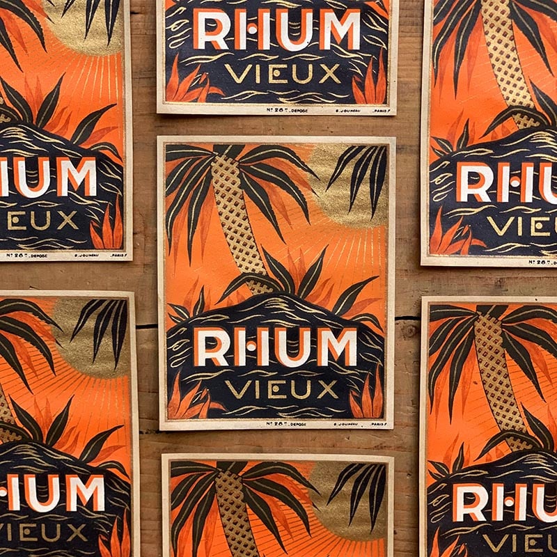 étiquette alcool rhum vieux palmier doré or orange 1910 1920 1900 ancien vintage alcool distillerie imprimerie collection