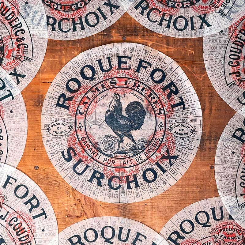 étiquette fromage roquefort surchoix ancien vintage fromagerie 1920 1930 calque transparent papier très fin calmes frères le coq