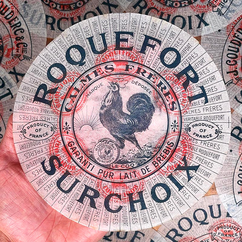 étiquette fromage roquefort surchoix ancien vintage fromagerie 1920 1930 calque transparent papier très fin calmes frères le coq