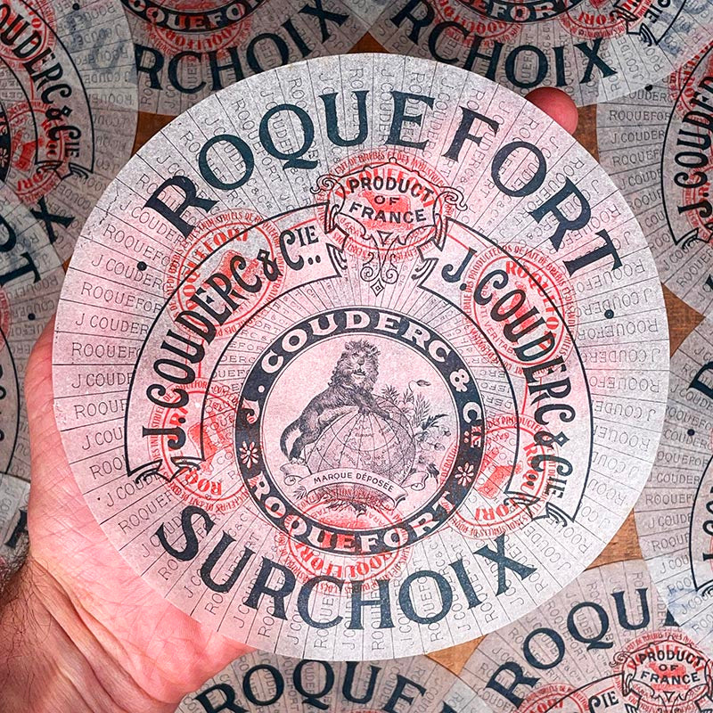 étiquette fromage roquefort surchoix ancien vintage fromagerie 1920 1930 calque transparent papier très fin j couderc le lion