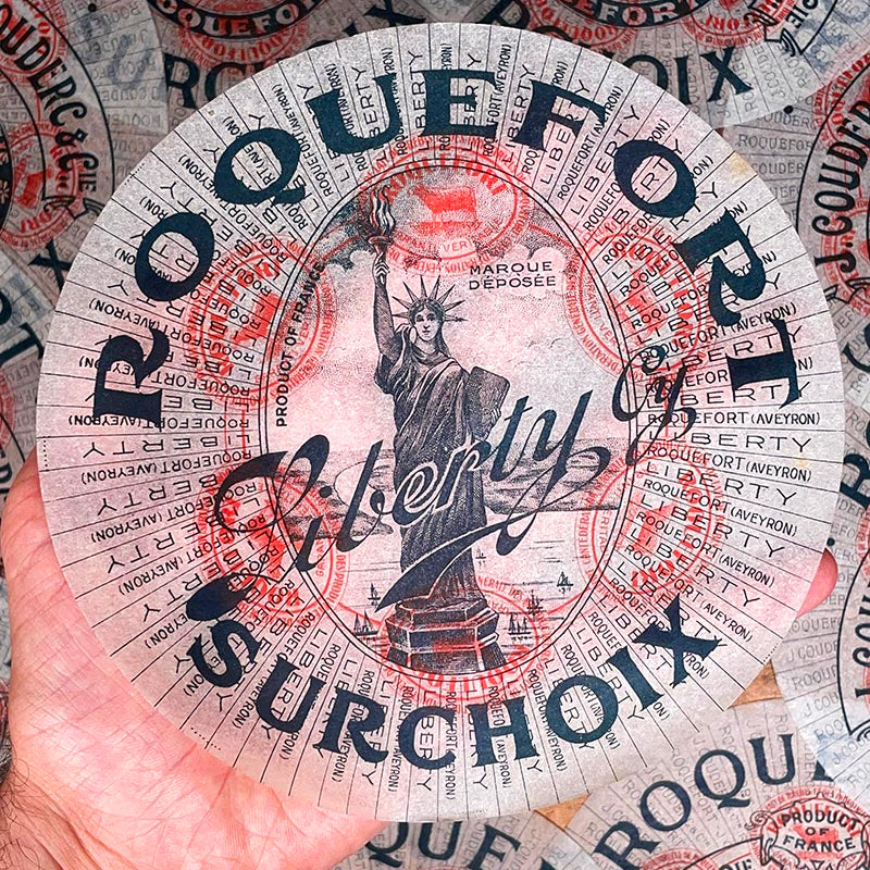 étiquette fromage roquefort surchoix ancienne vintage fromagerie 1920 1930 calque transparent papier très fin statue de la liberté liberty cy