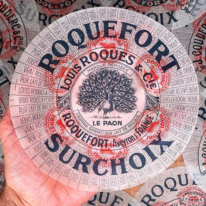 étiquette fromage roquefort surchoix ancienne vintage fromagerie 1920 1930 calque transparent papier très fin le paon louis roques