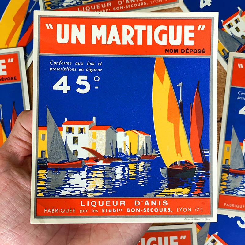 étiquette alcool un martigue bon secours sud france lyon 1940 1950 1960 ancien vintage alcool distillerie imprimerie collection