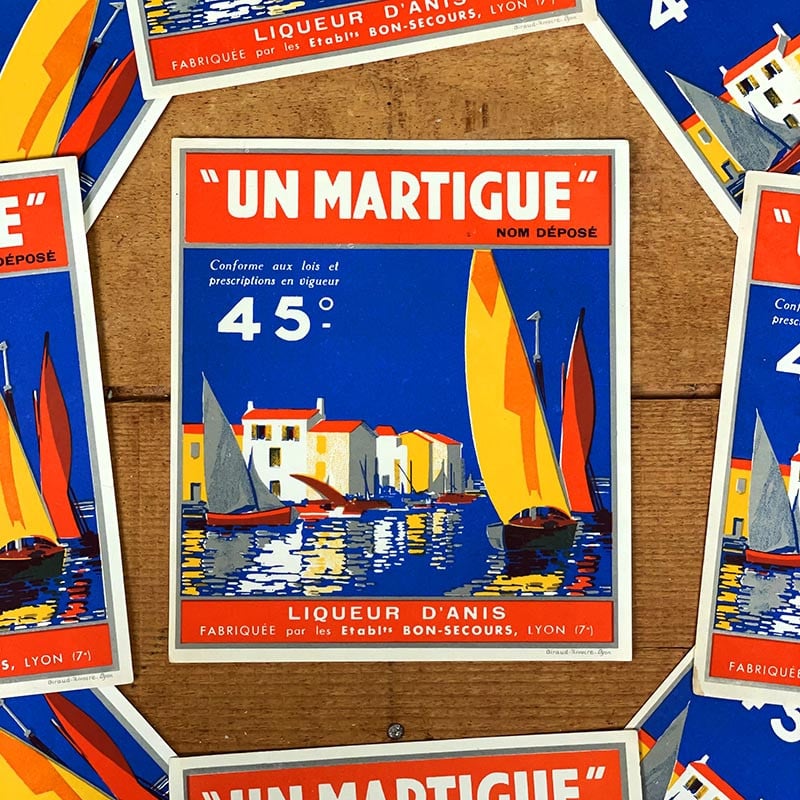 étiquette alcool un martigue bon secours sud france lyon 1940 1950 1960 ancien vintage alcool distillerie imprimerie collection