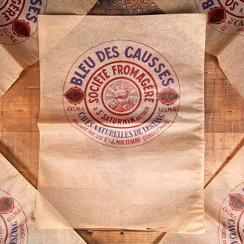 papier d'emballage fromage ancien vintage fromagerie 1950 1940 bleu des causses ronde valmont indochine