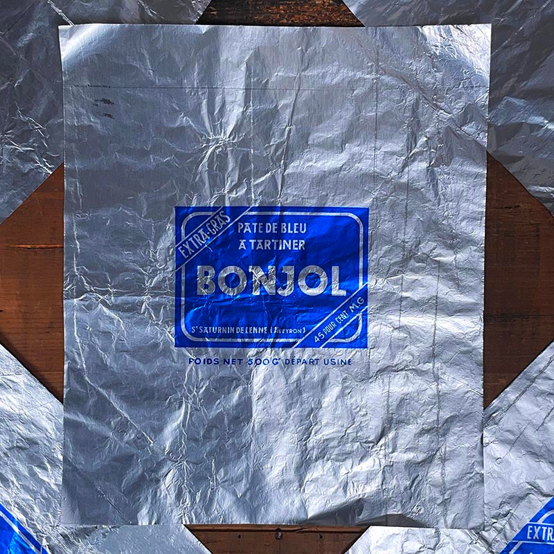 papier d'emballage argenté fromage ancien vintage fromagerie 1950 1960 pâte de bleu à tartiner bonjol