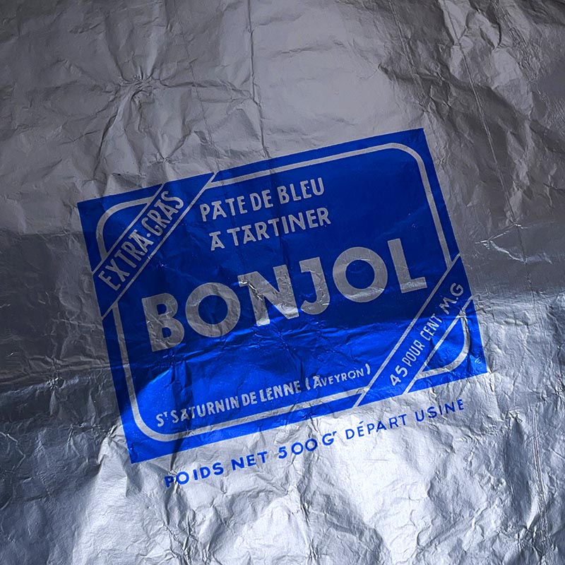 papier d'emballage argenté fromage ancien vintage fromagerie 1950 1960 pâte de bleu à tartiner bonjol