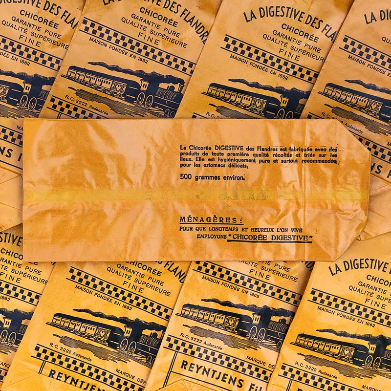 grand sachet papier orange 1930 chicorée la digestive des flandres ancien ancienne vintage train locomotive