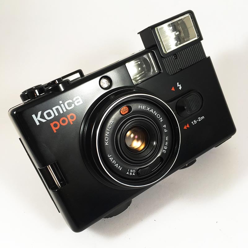 konica pop noir ancien vintage automatique hexanon 36mm 4 point and shoot flash box