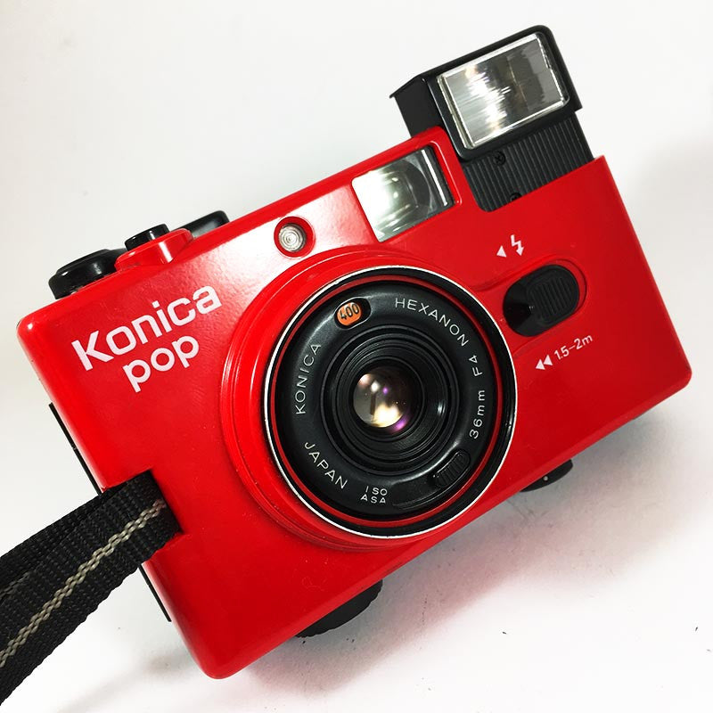 konica pop rouge ancien vintage automatique hexanon 36mm 4 point and shoot flash voile