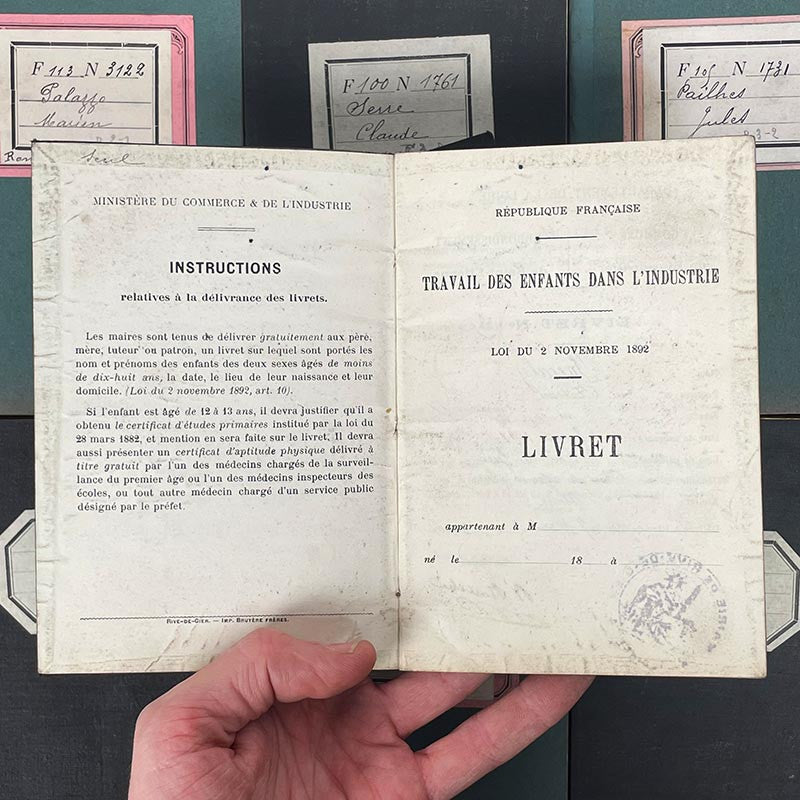 Livret Travail des Enfants dans l'Industrie 1890