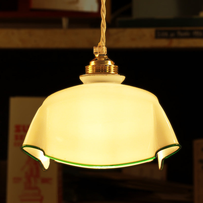 Opaline ancienne luminaire suspension verre art déco liseré vert vintage 1950