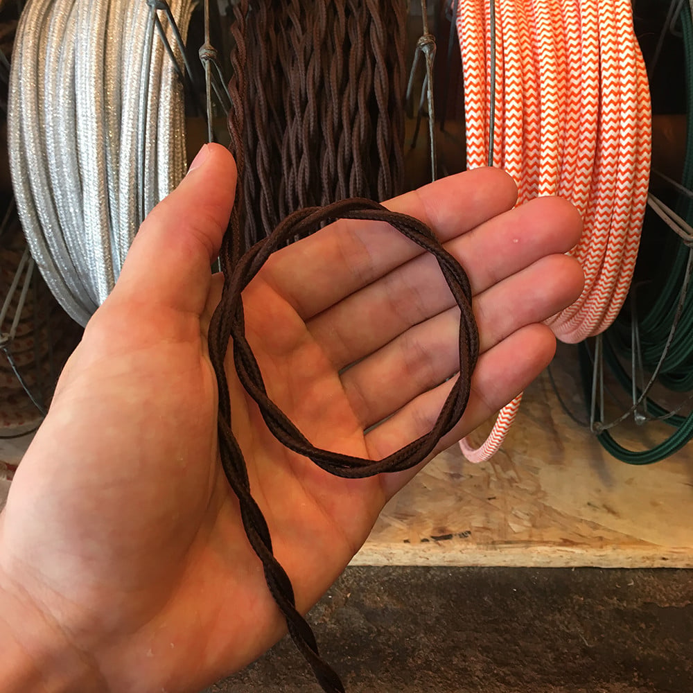 cable electrique fil textile vintage tissu marron torsadé lampe luminaire style ancien