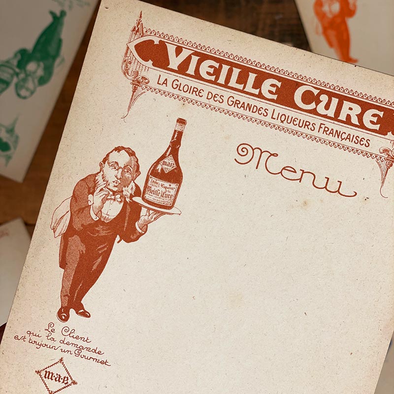 menu ancien en papier illustré illustration liqueur buvez une vieille cure alcool 1930 1940