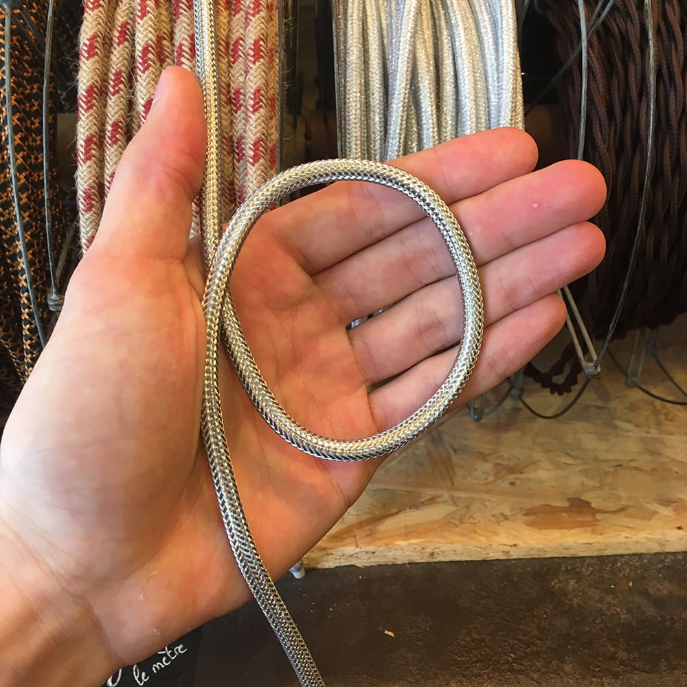 cable electrique fil textile vintage métal acier zinc argent argenté électricité rare rond