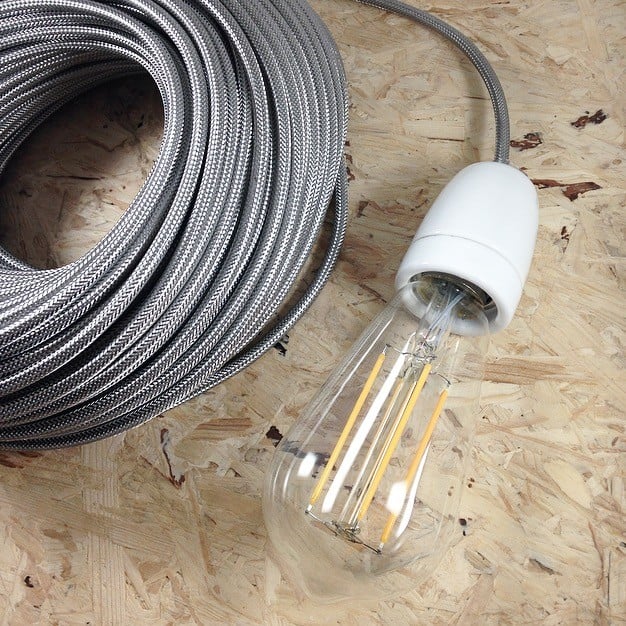 cable electrique fil textile vintage métal acier zinc argent argenté électricité rare rond