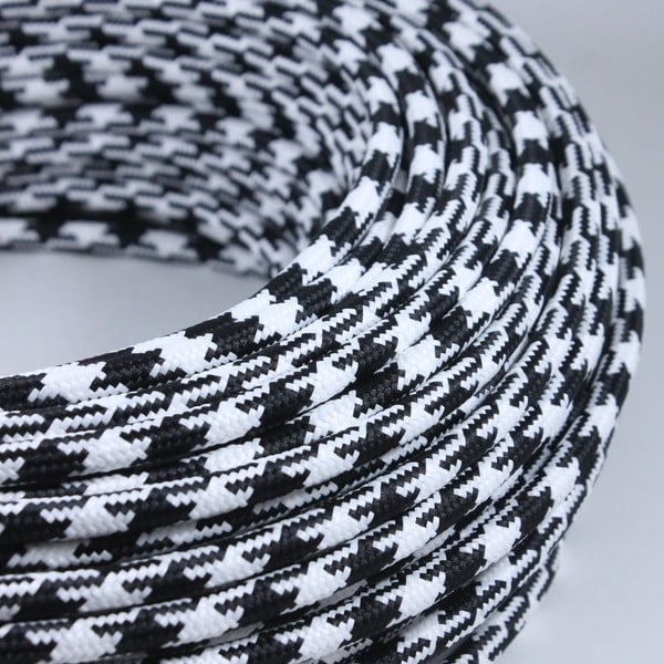 cable electrique couleur fil textile vintage tissu noir et blanc pied poule tache rond coloré luminaire lampe