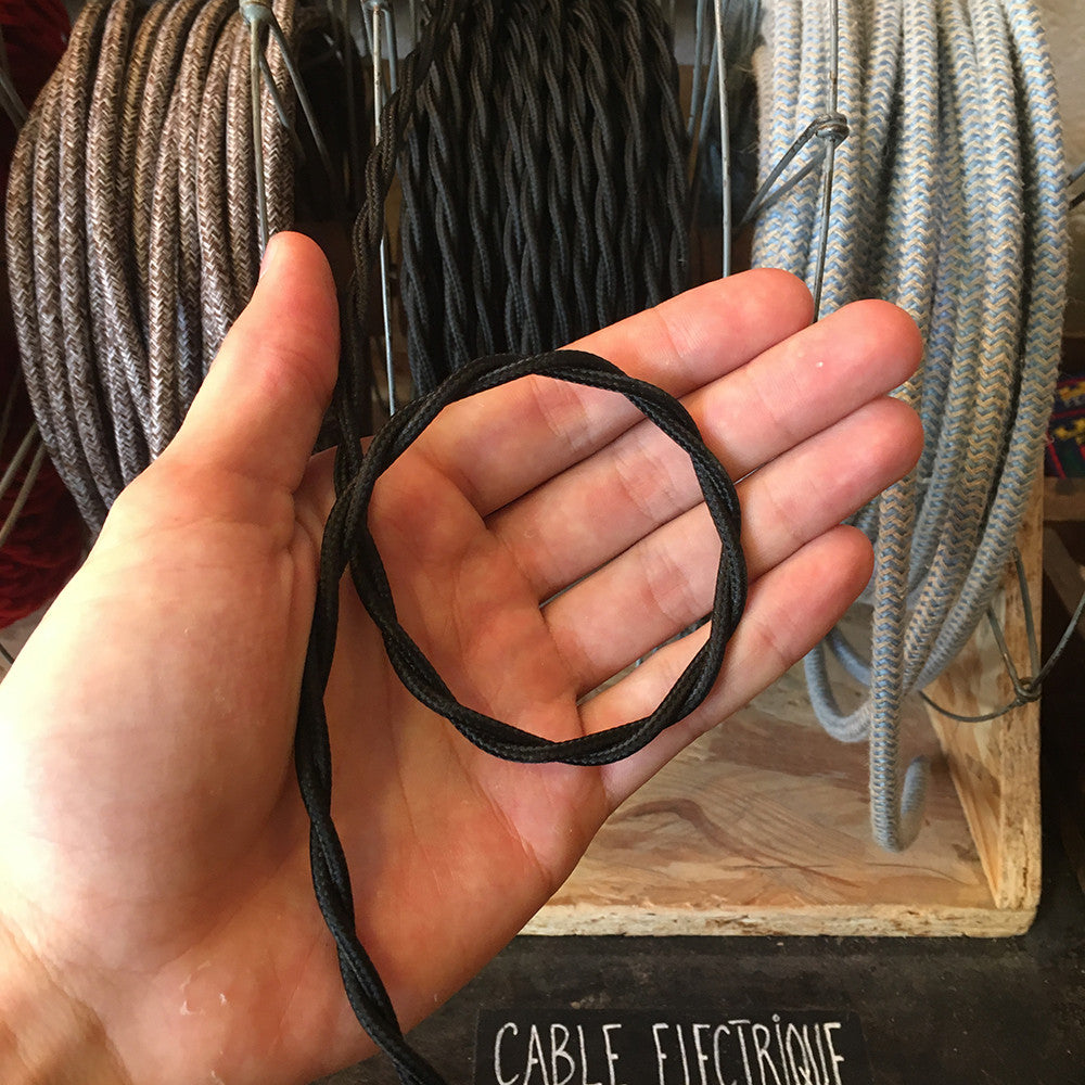 cable electrique fil textile vintage tissu noir torsadé lampe luminaire ancien