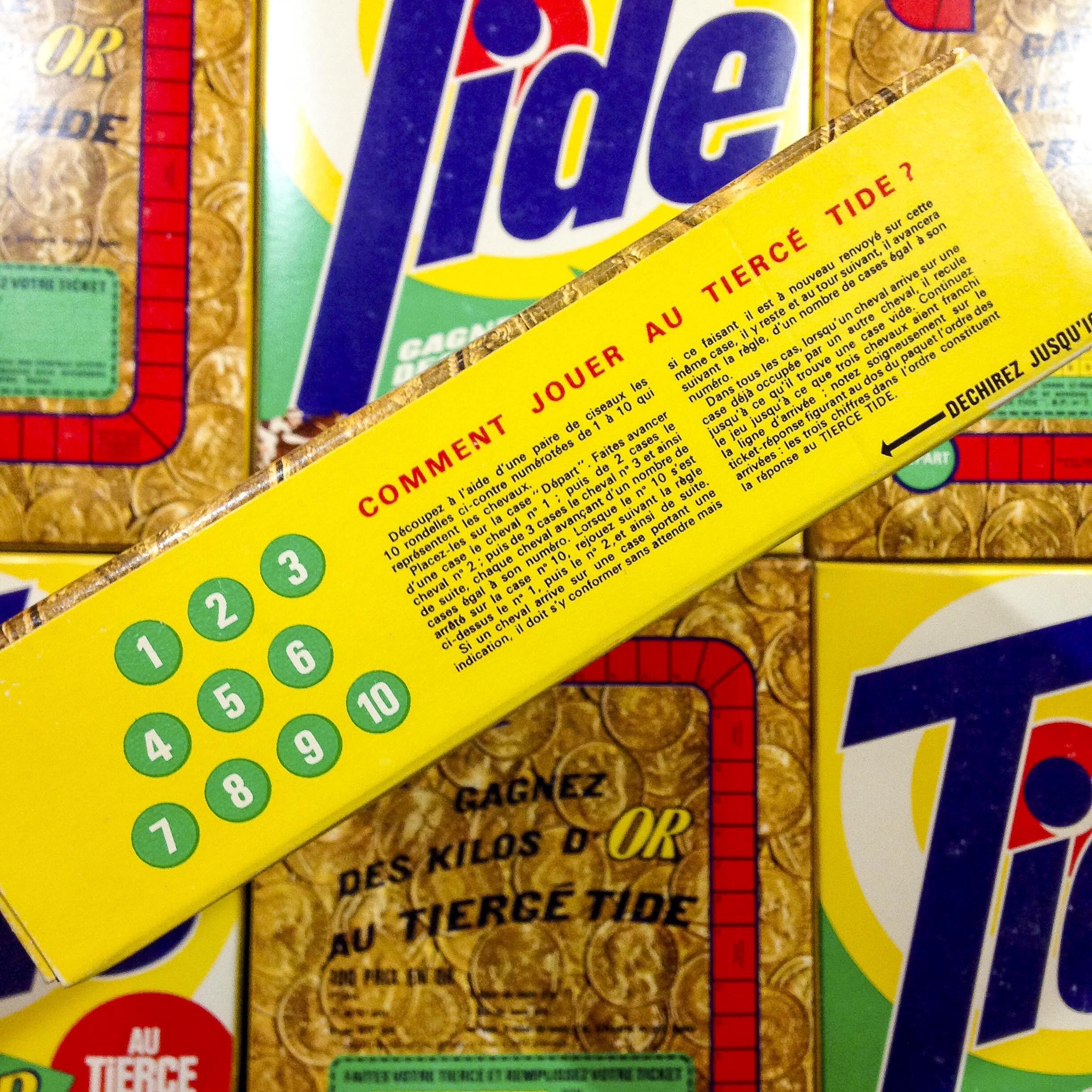 paquet lessive tide tiercé jeu ancien vintage carton boite épicerie 1950