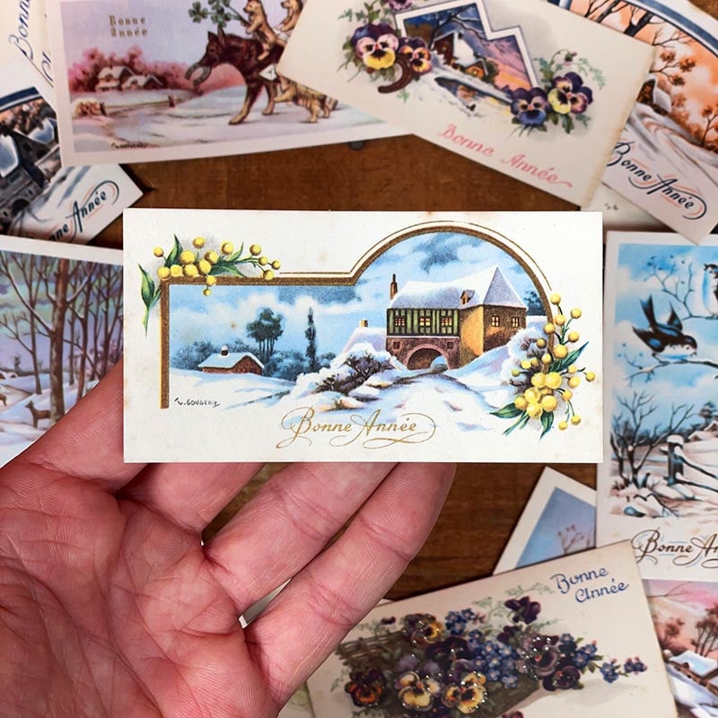 petite carte de voeux bonne année ancienne vintage chromo fleurs pailettes brillant fantaisie 1950 1960 couleur france