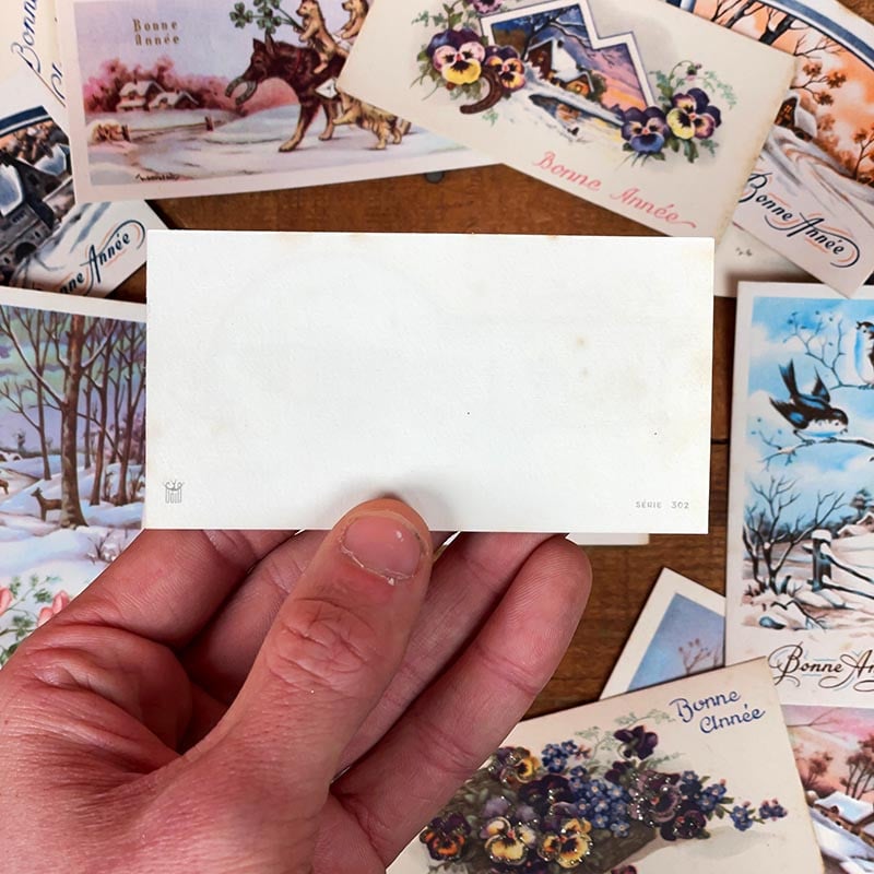 petite carte de voeux bonne année ancienne vintage chromo fleurs pailettes brillant fantaisie 1950 1960 couleur france