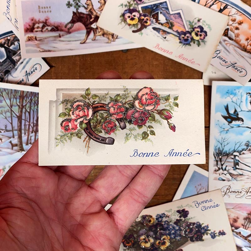petite carte de voeux bonne année ancienne vintage chromo fleurs pailettes brillant fantaisie 1950 1960 couleur france